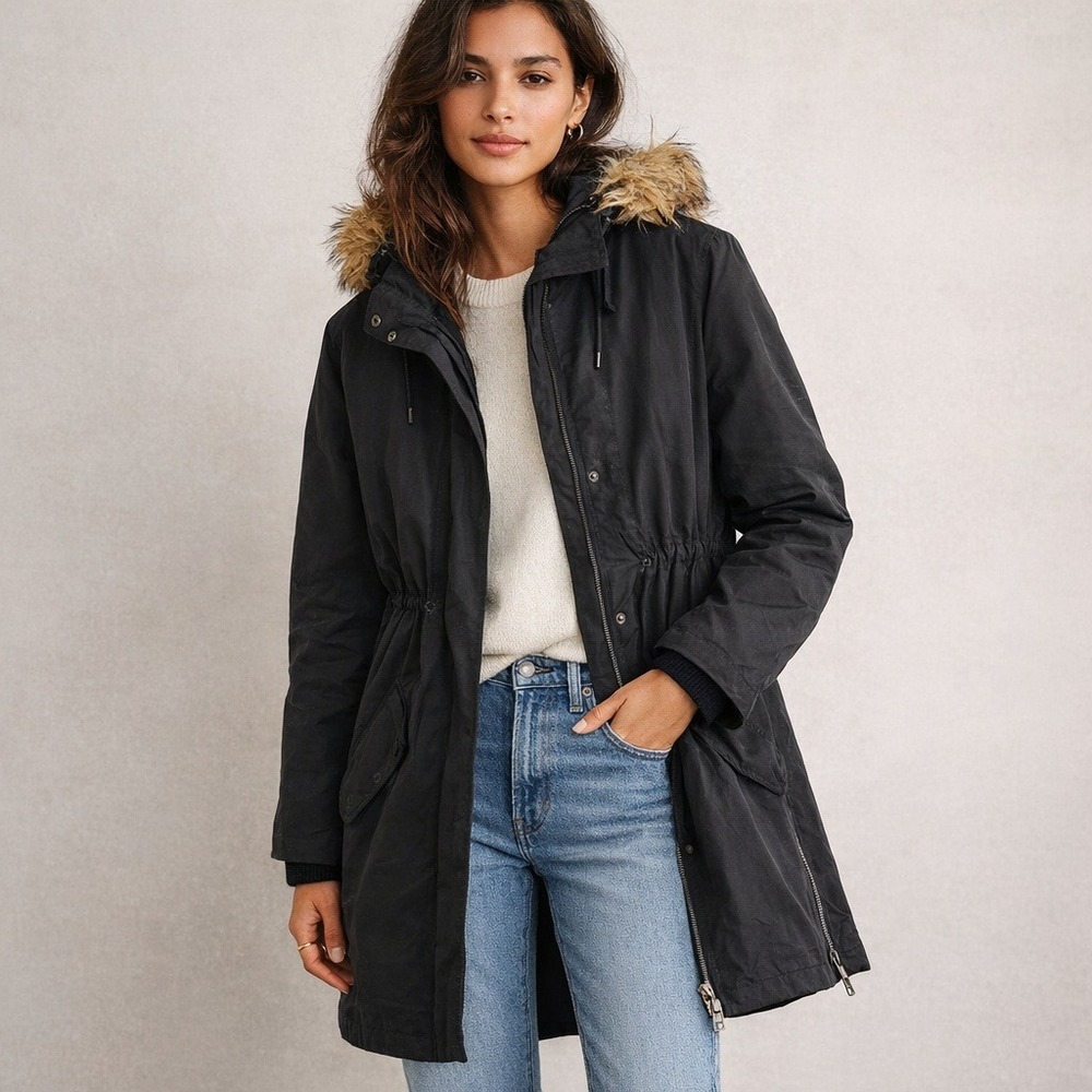 Madewell Black Faux Fur Hood Parka Coat Drawstring Waist Size Medium